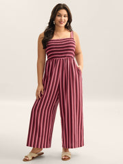Shirred Stripes Adjustable Pockets Jumpsuit