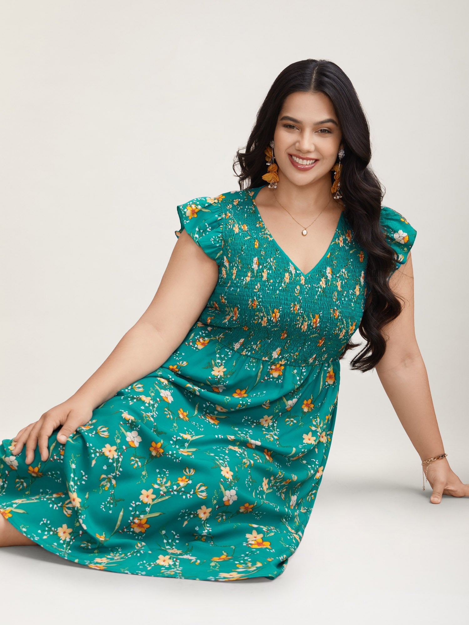 Shirred Printed Flutter Sleeve Pockets Maxi Dress