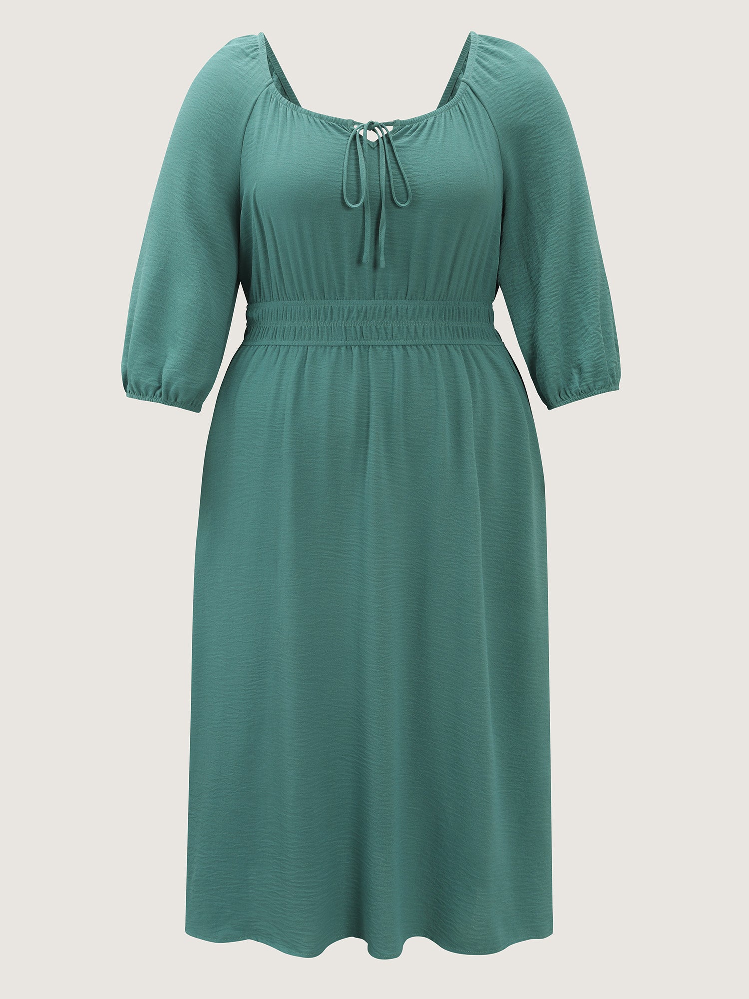 Shirred Waist Drawstring Neckline Midi Dress