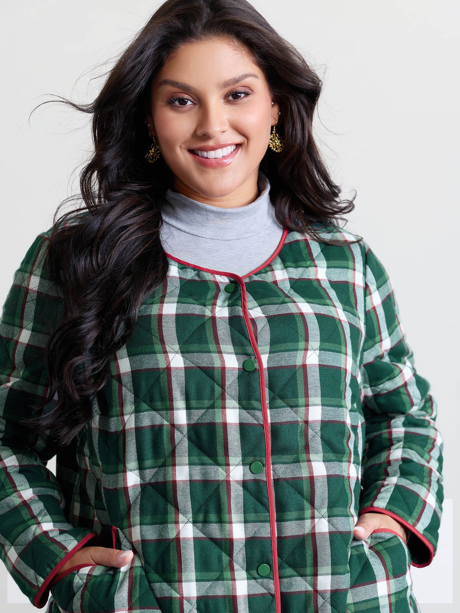 Checkered Pattern Button Quilted Jacket