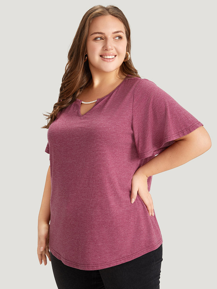 Plain Keyhole Pearl Beaded Flutter Sleeve T-shirt