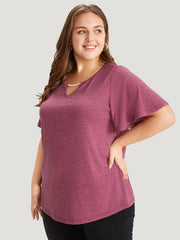 Plain Keyhole Pearl Beaded Flutter Sleeve T-shirt