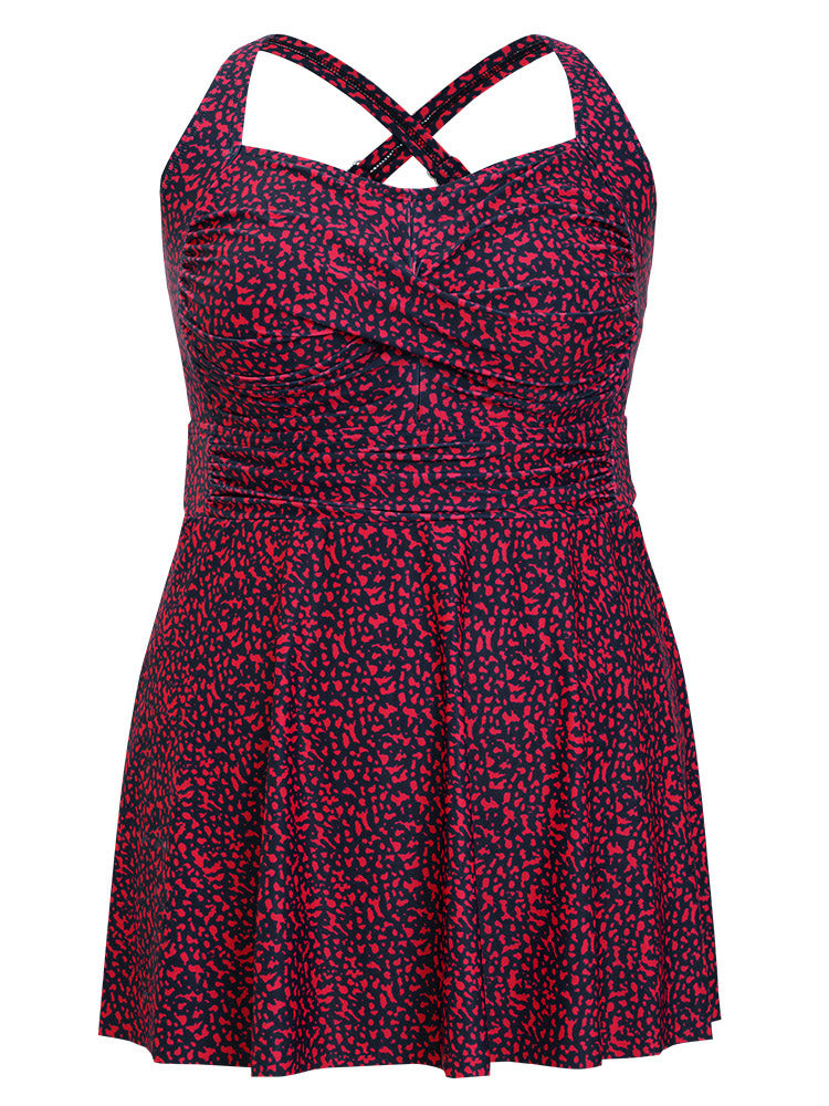 Graphic Print Gathered Flutter Hem Crossover Swim Dress