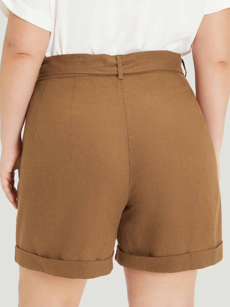 Solid Pocket Belted Roll Hem High Rise Shorts
