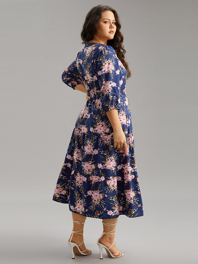 Floral Print Shirred Elastic Cuffs Dress