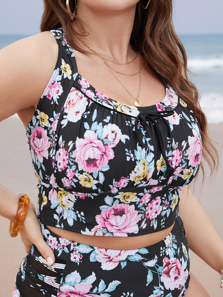 Floral Ruched Knotted Crossover Back Tankini Top