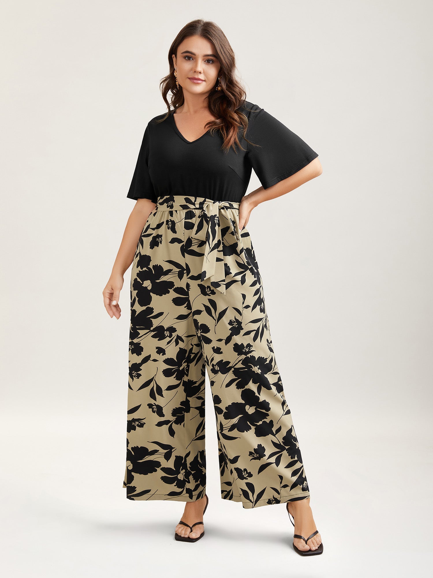 Floral Print Spliced Belted Wide-Leg Jumpsuit