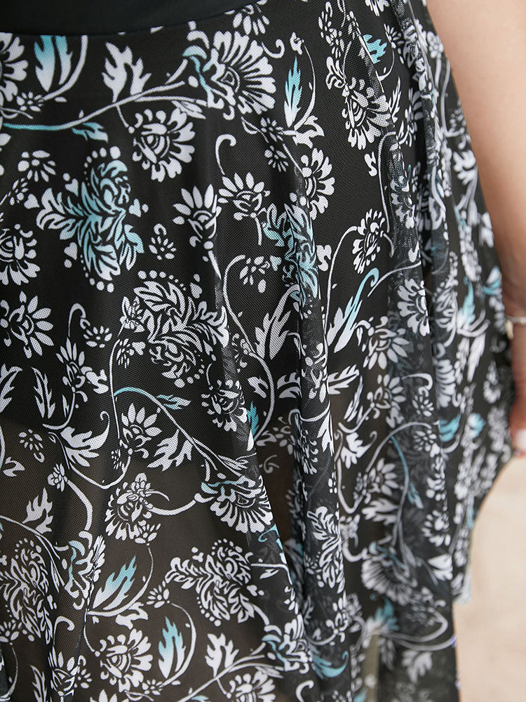 Ruffle Trim Hanky Hem Floral Contrast Swim Dress