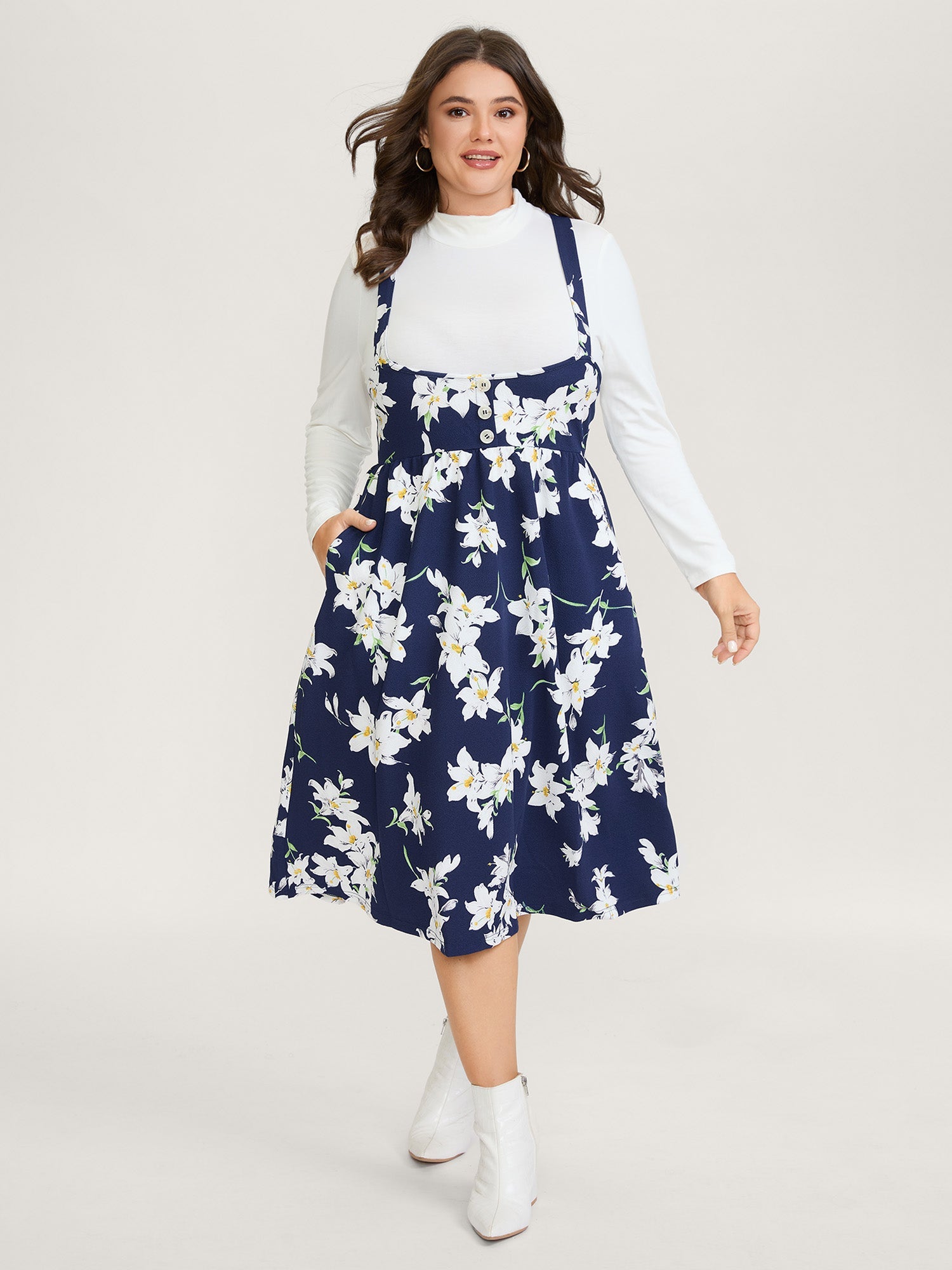 Floral Print Pockets Suspender Skirt Midi Dress