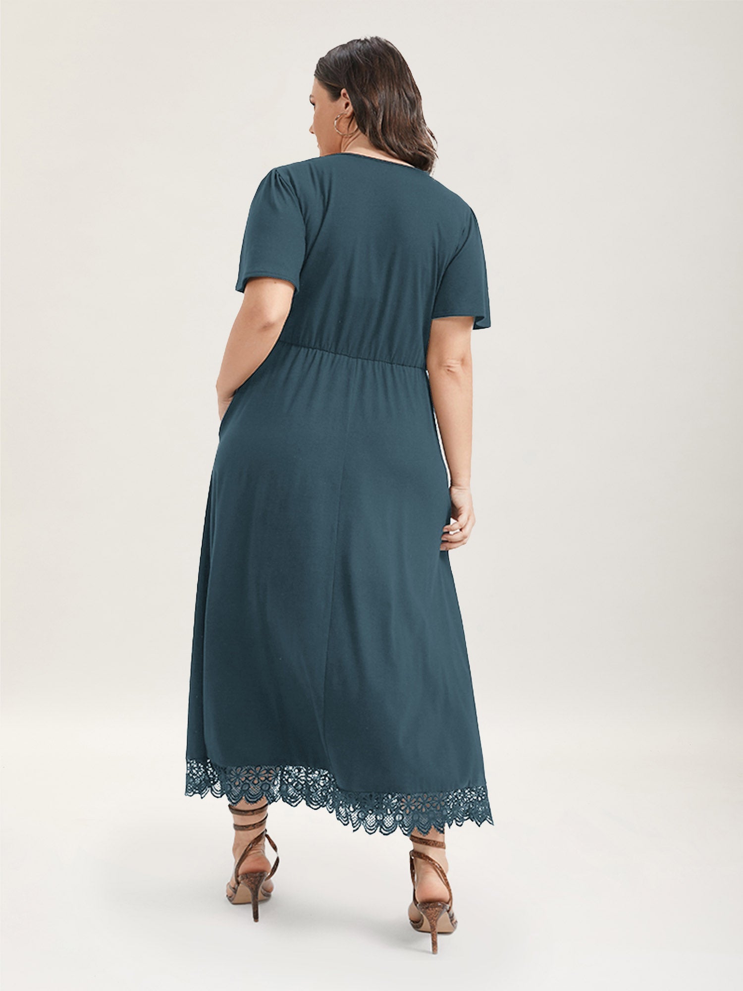 Solid Pocket Contrast Lace Split Maxi Dress