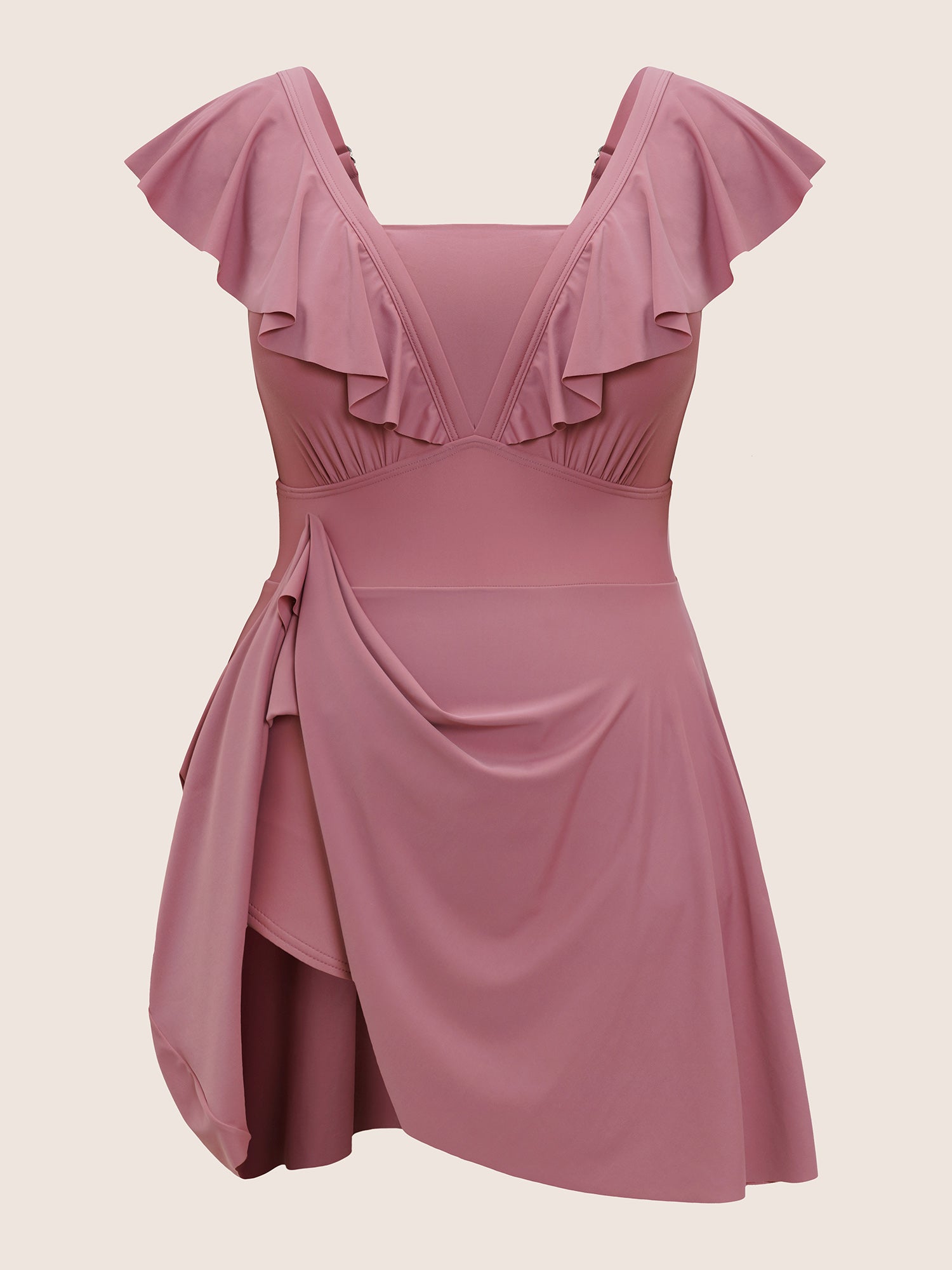 Solid Flutter Trim A Line Swim Dress