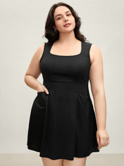 Stretchy Pockets Cinched-Waist Flared Midi Dress