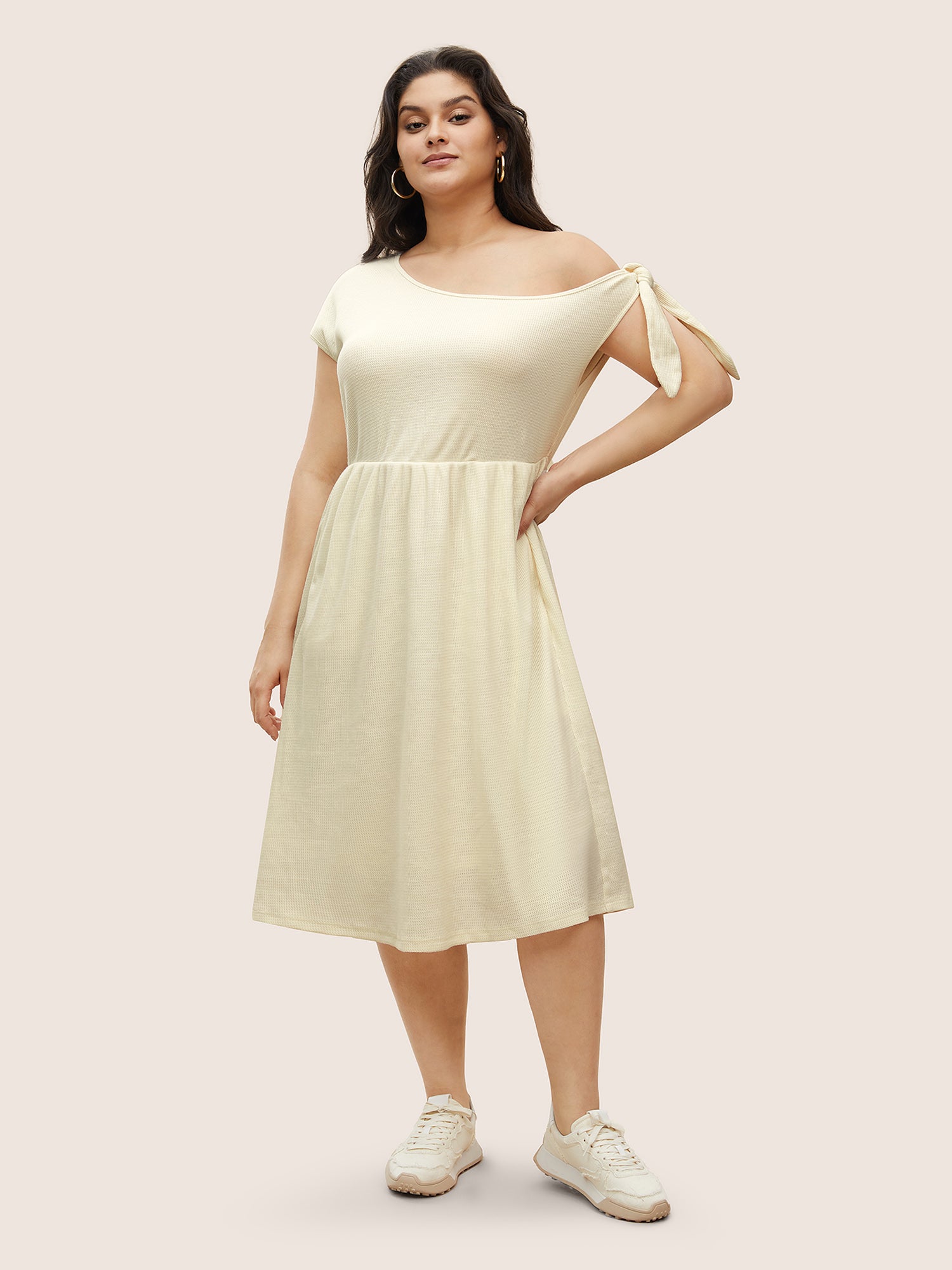 Asymmetrical Neck Waffle Knit Tie Knot Dress