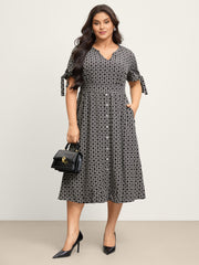 Geometric Print Sleeve Tie Midi Dress