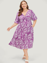 Floral Print Puff Sleeve Pocket Twist Front Dress