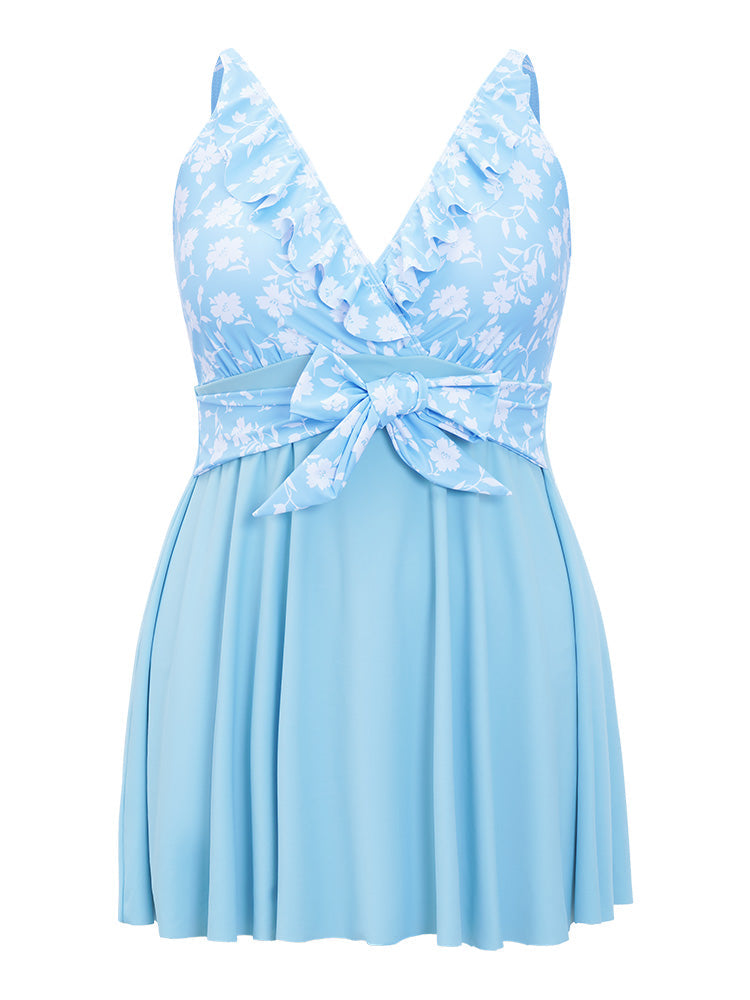 Floral Patchwork Ruffle Trim Knot Front Swim Dress