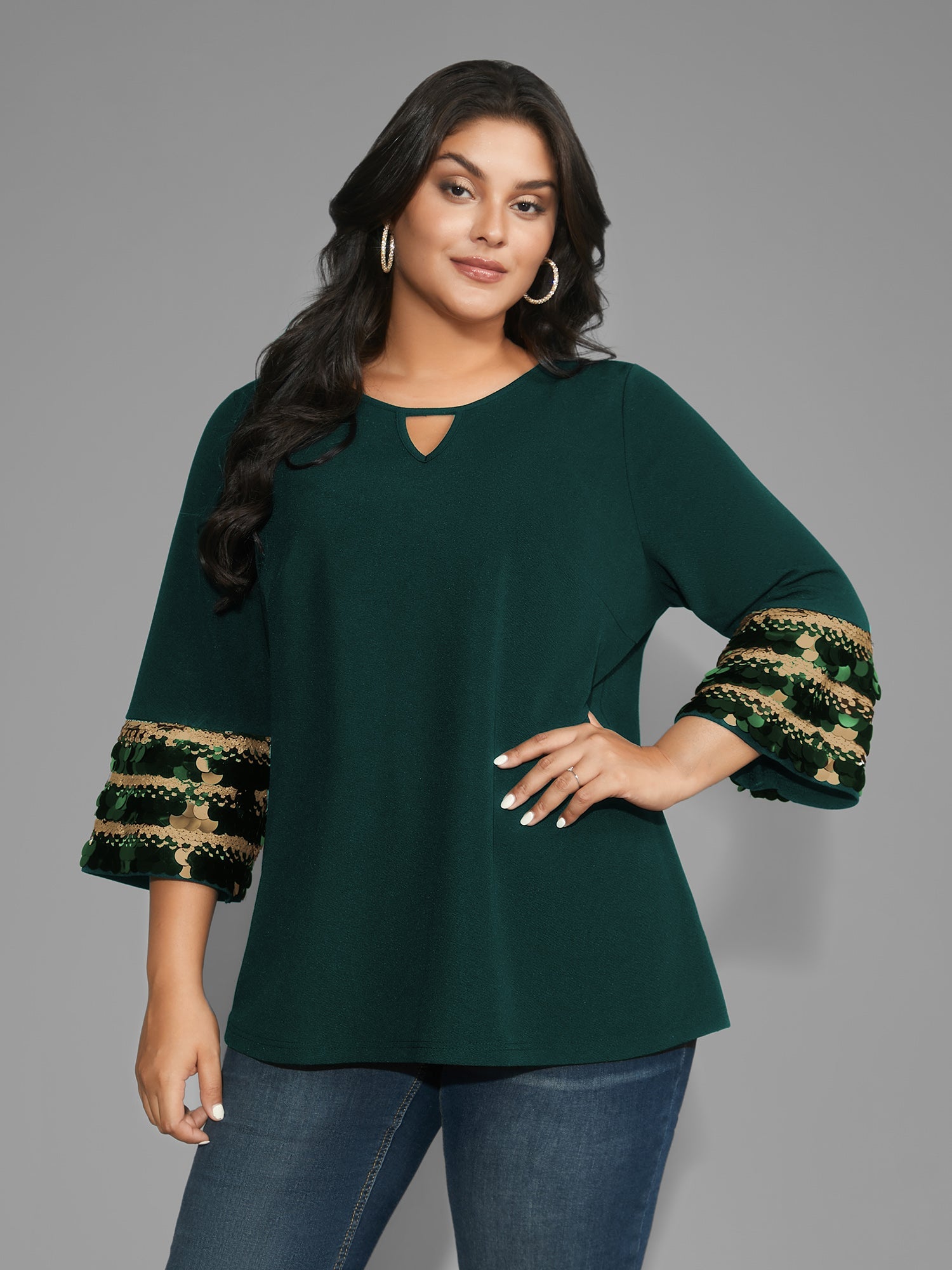Sequin Patchwork Keyhole Bell Sleeve Blouse