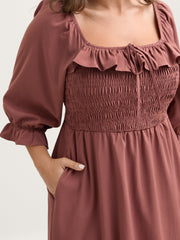 Ruffle Shirred Bodice Pockets Midi Dress