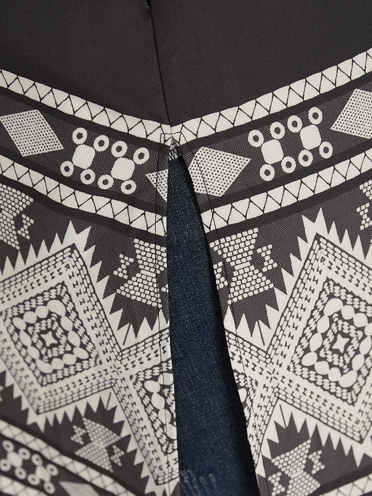 Boho Print Open Front Pocket Split Hem Kimono