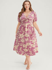 Floral Print Twist Front Puff Sleeve Pocket Ruffles Dress