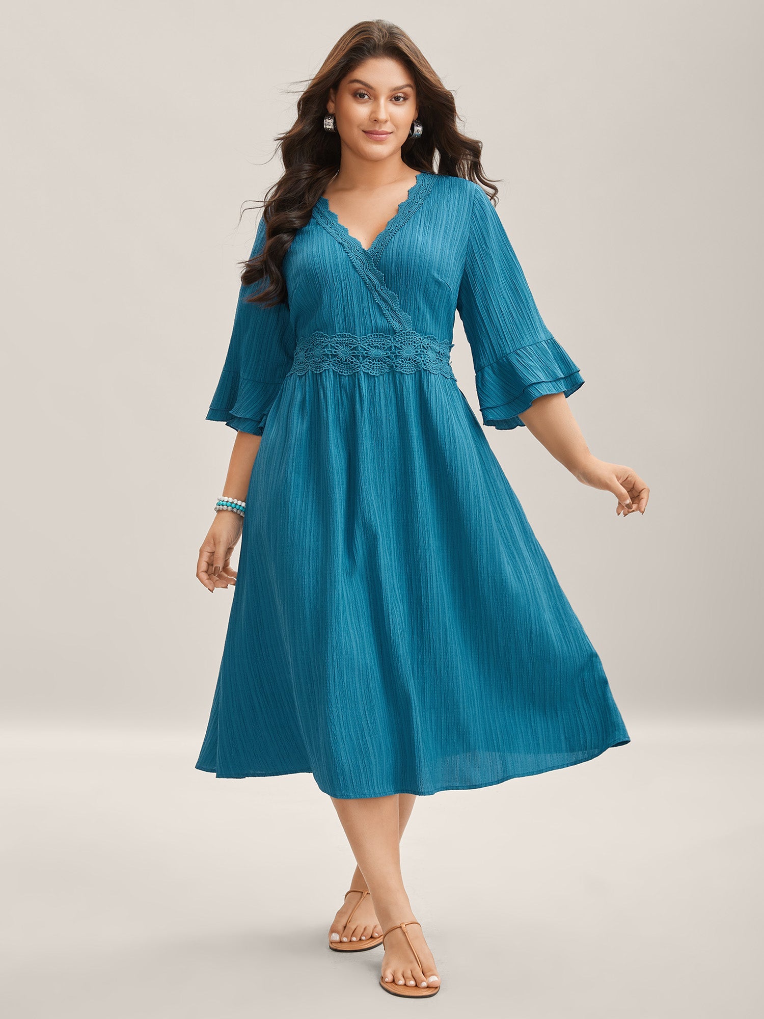 Scalloped Lace Surplice Ruffled Midi Dress