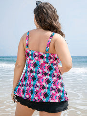 Geometric Contrast Twist Front Split Hem Tankini Top