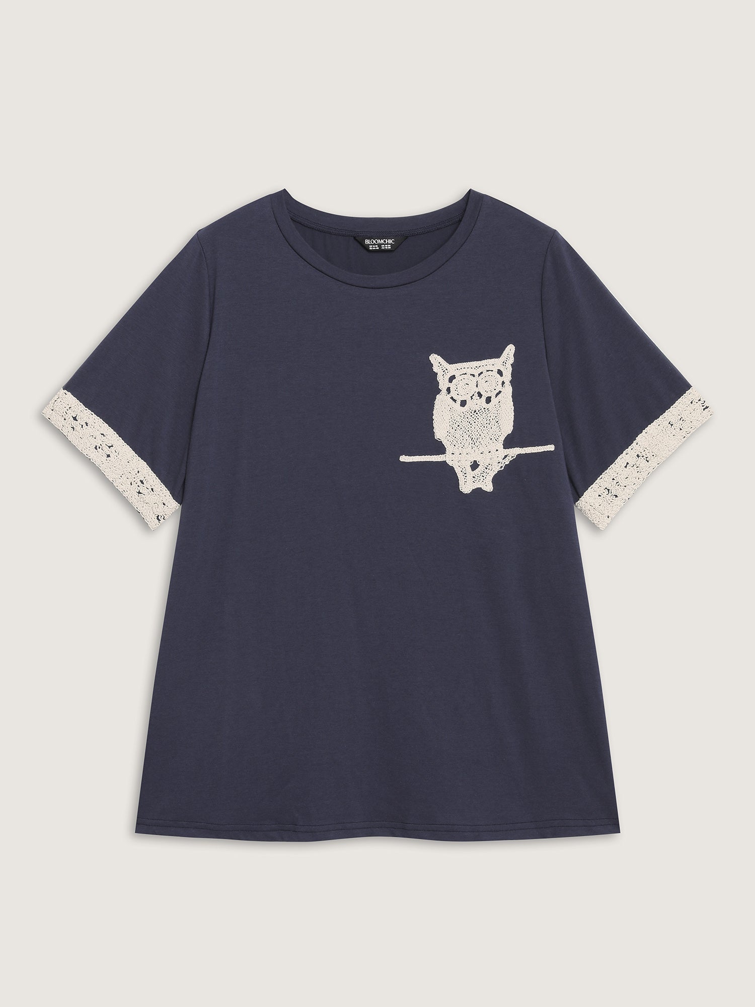 Owl Embroidery Round Neck Contrast T-Shirt