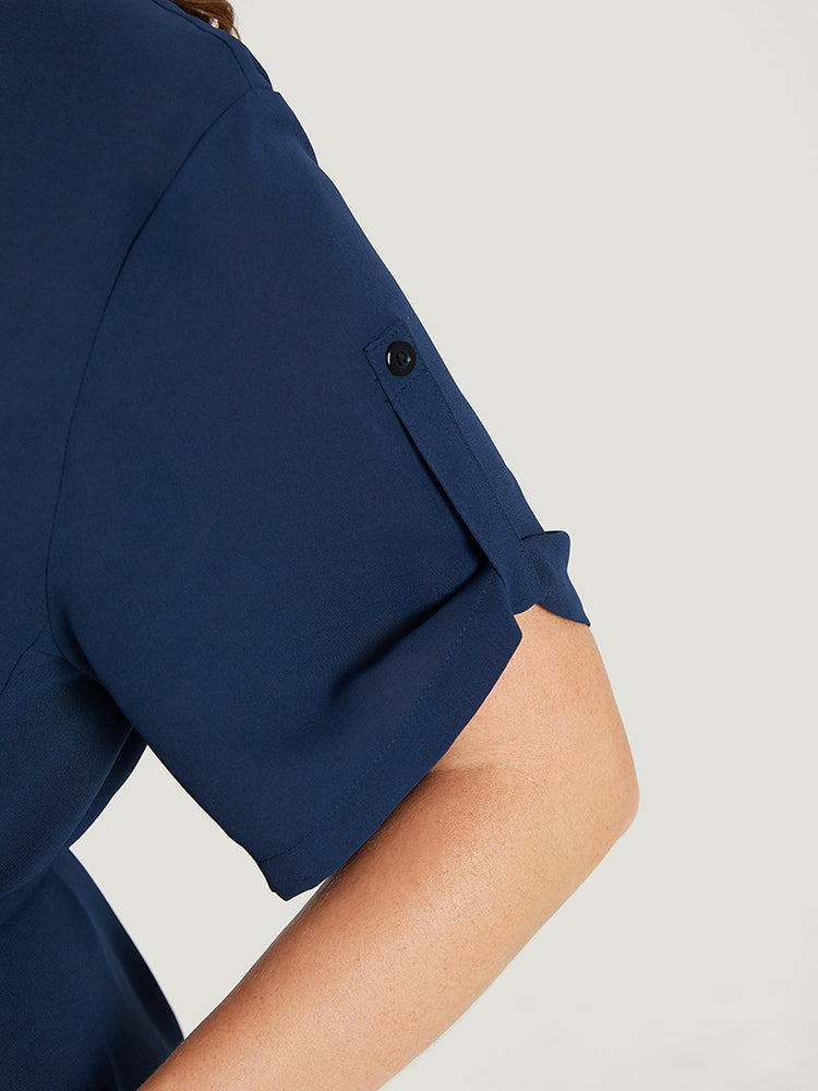 Solid Cuffed Sleeve Button Up Belted Laser Cut Arc Hem Dress