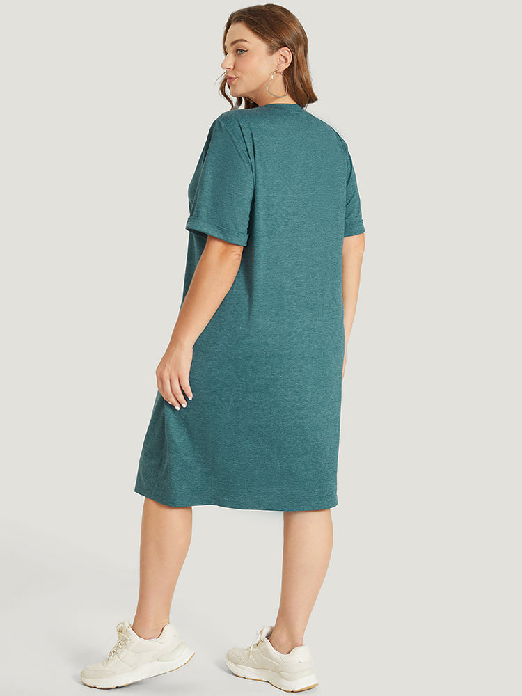 Floral Print Roll Sleeve Pocket V Neck Dress