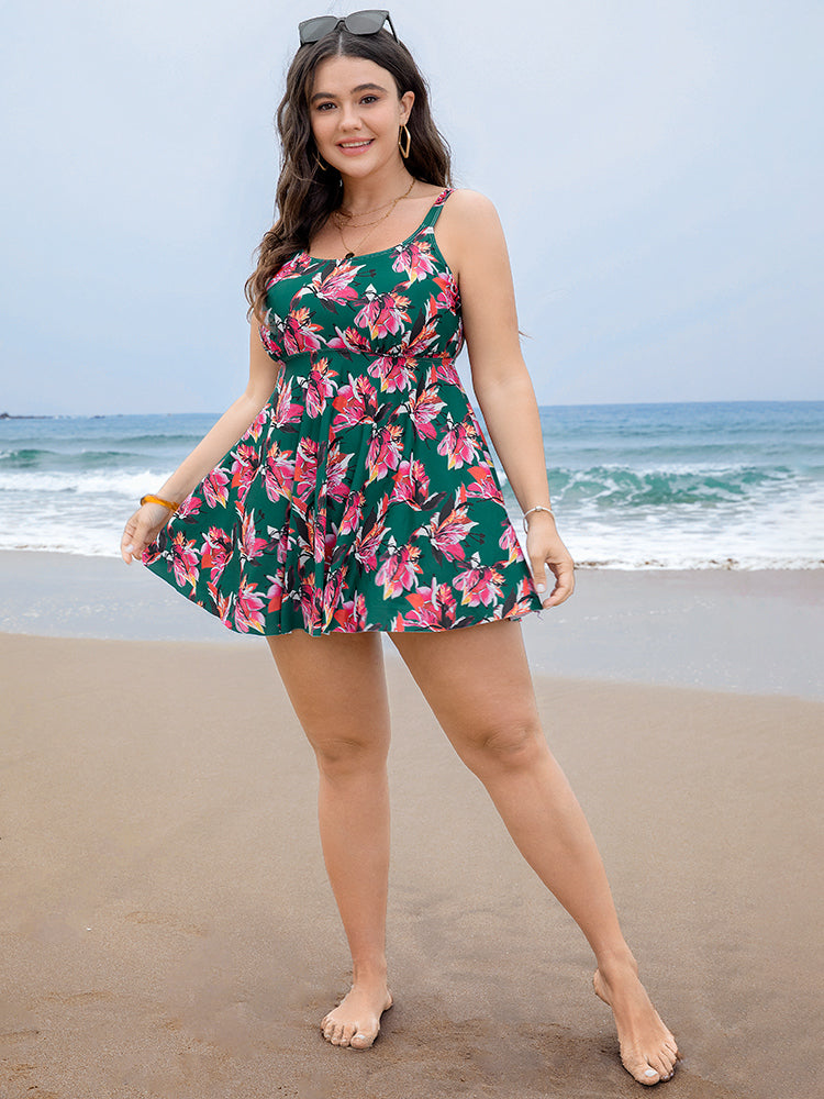 Floral Print A Line Round Neck Ruffle Hem Swim Dress