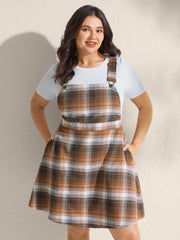 Plaid Print Overall Straps Shirred Mini Dress