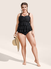 Solid Tiered Ruffles Ruched One Piece Swimsuit
