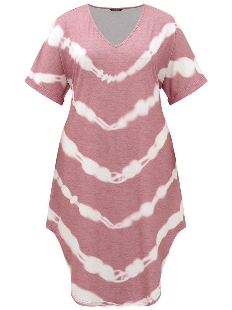 Tie Dye Striped Two Tone V Neck Pocket Dress
