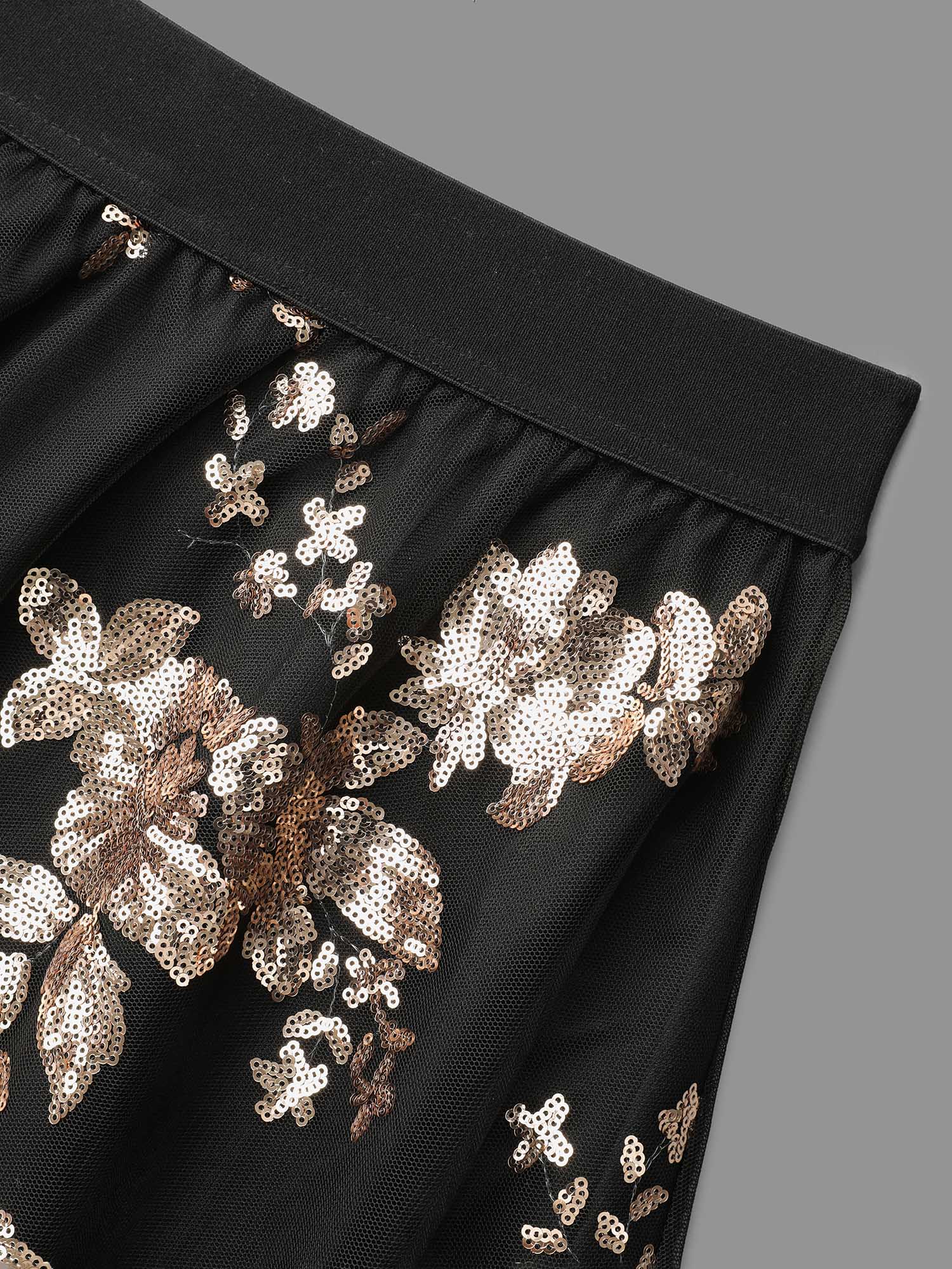 Sequin Floral Stretchy Waist Skirt