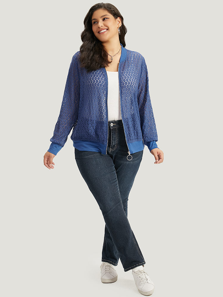 Plain Lace Patchwork Zipper Cut Out Jacket