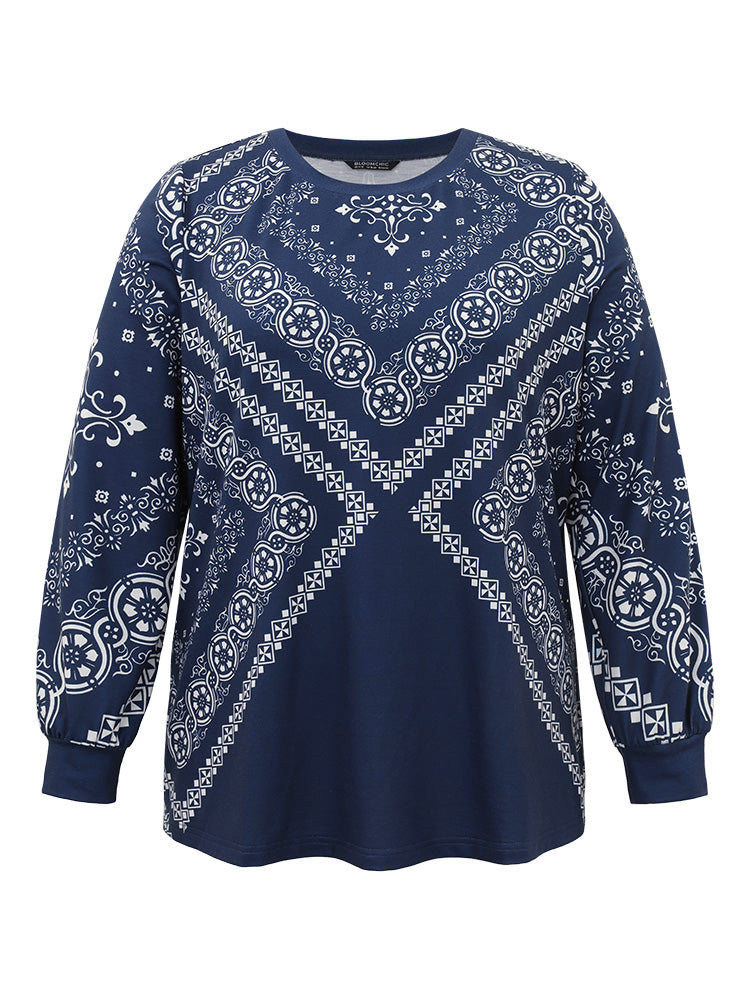 Scarf Print Round Neck Elastic Cuffs Sweatshirt