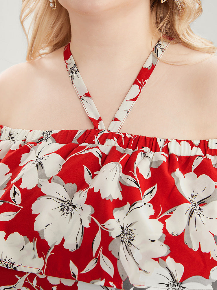 Floral Print Pocket Ruffles Trim Split Halter Maxi Dress