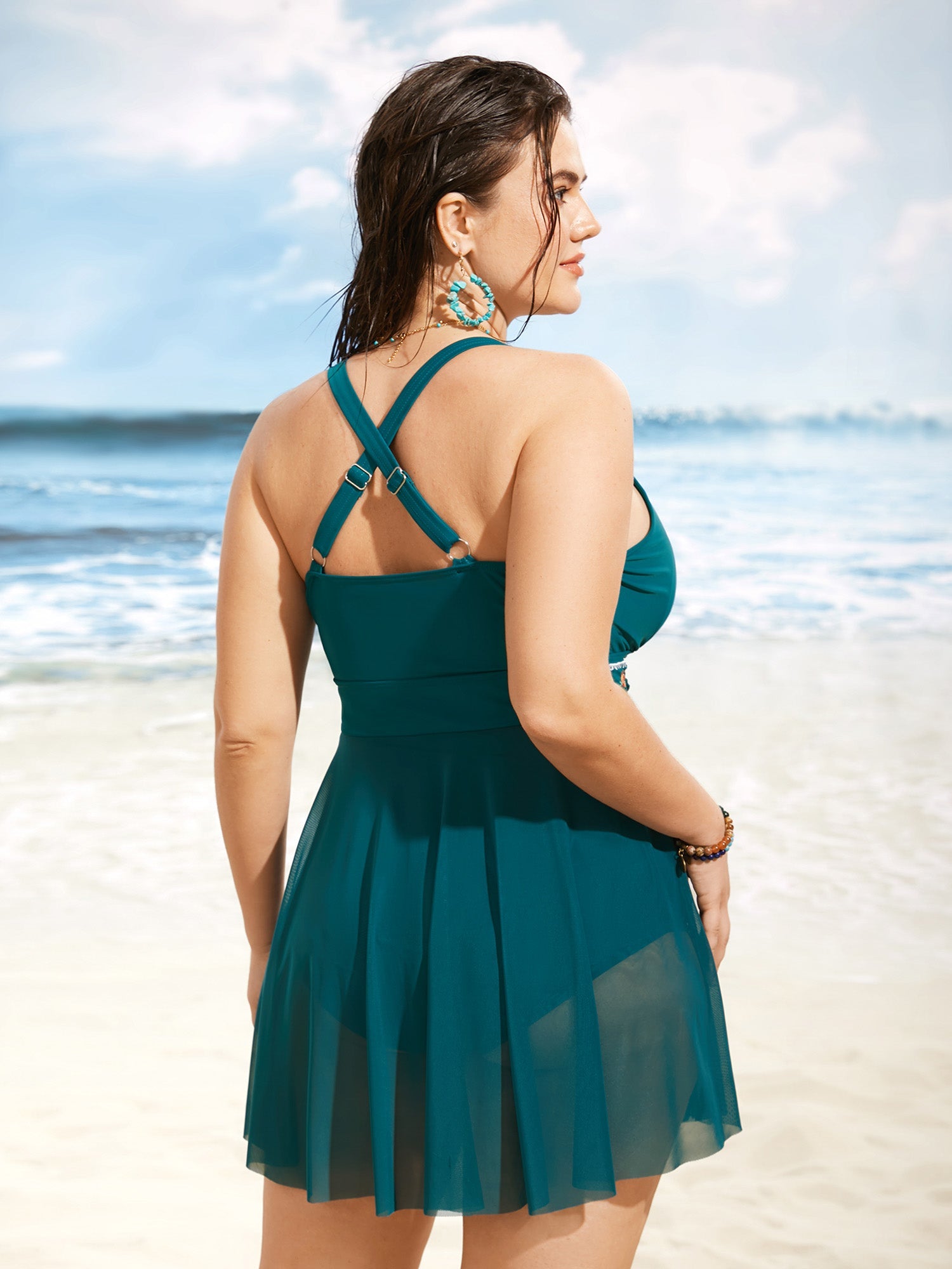 Floral Embroidered Overlap Collar Swim Dress