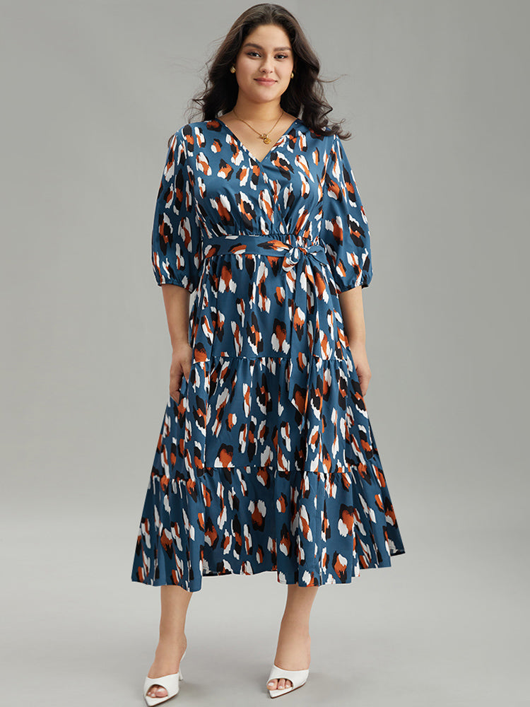 Allover Print Ruffle Layered Hem Wrap Belted Dress