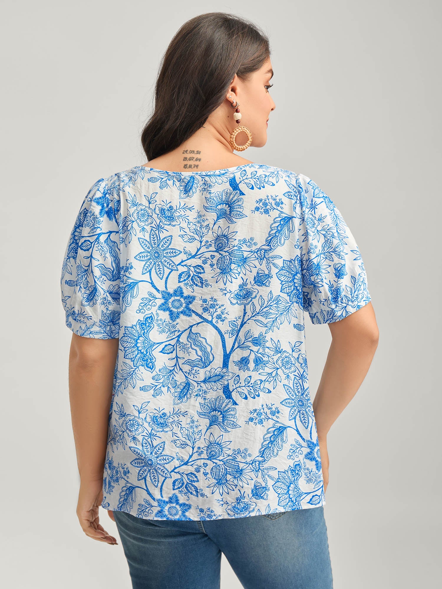 Silhouette Flower Print Neck Tie Blouse