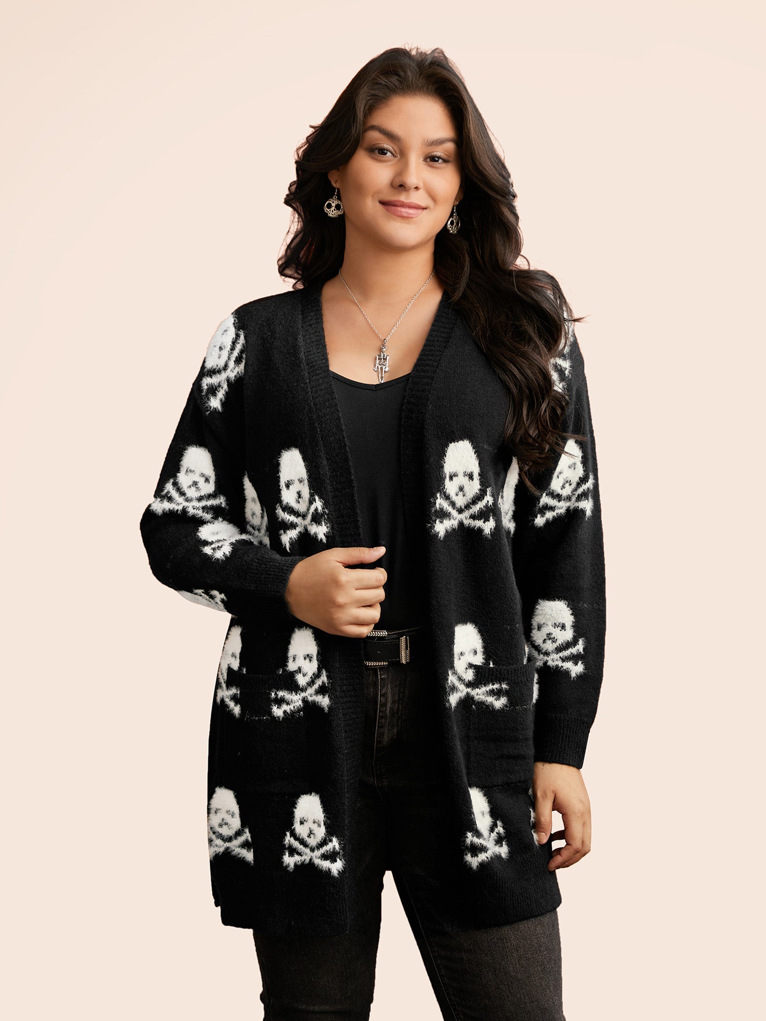Skull Pattern Plus Jacquard Open Cardigan