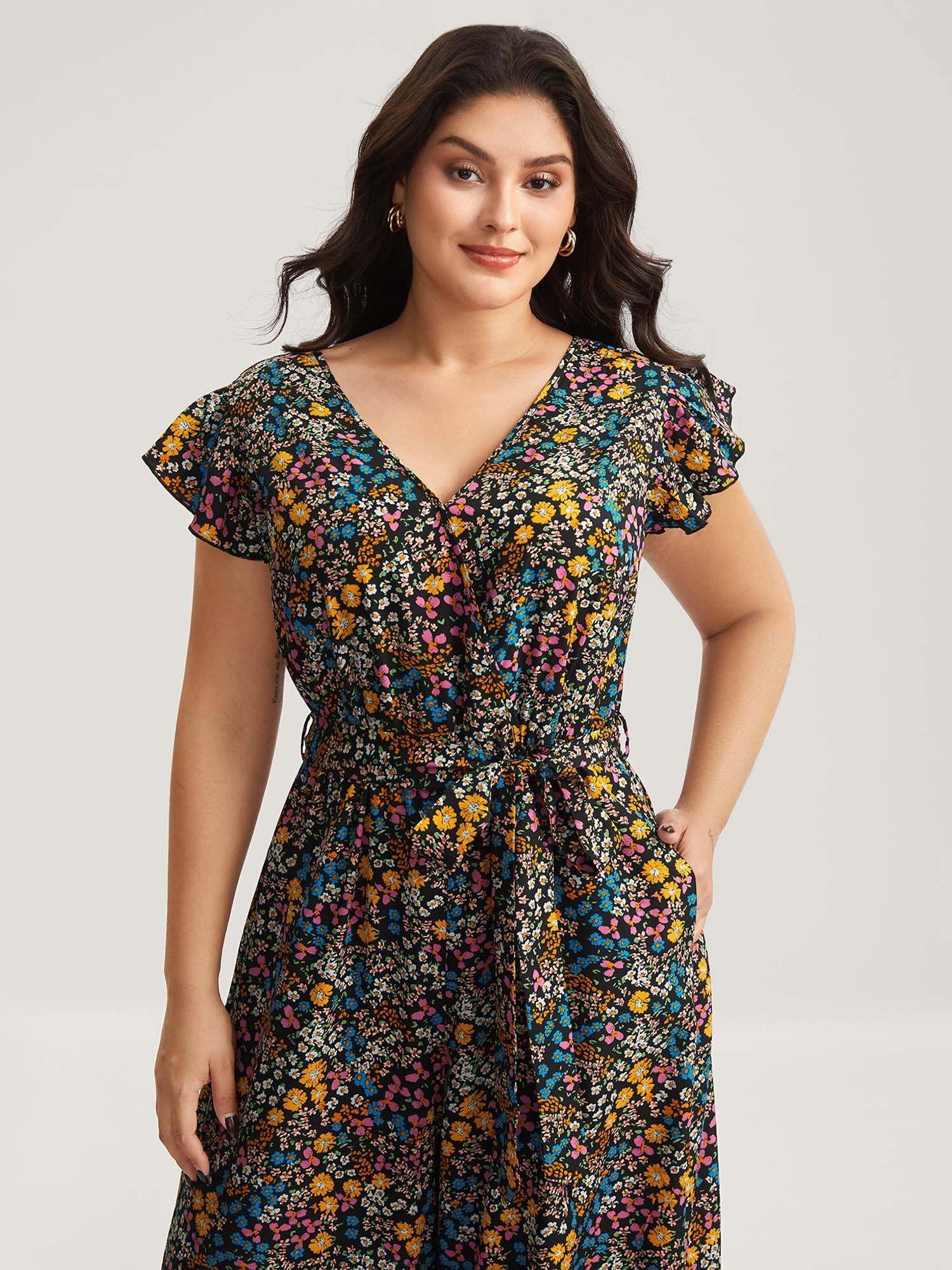 Floral Print Belted Ruffled Sleeve Jumpsuit