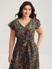 Floral Print Belted Ruffled Sleeve Jumpsuit