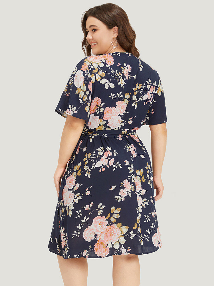 Floral Print Pocket Knot Ruffle Sleeve Wrap Dress