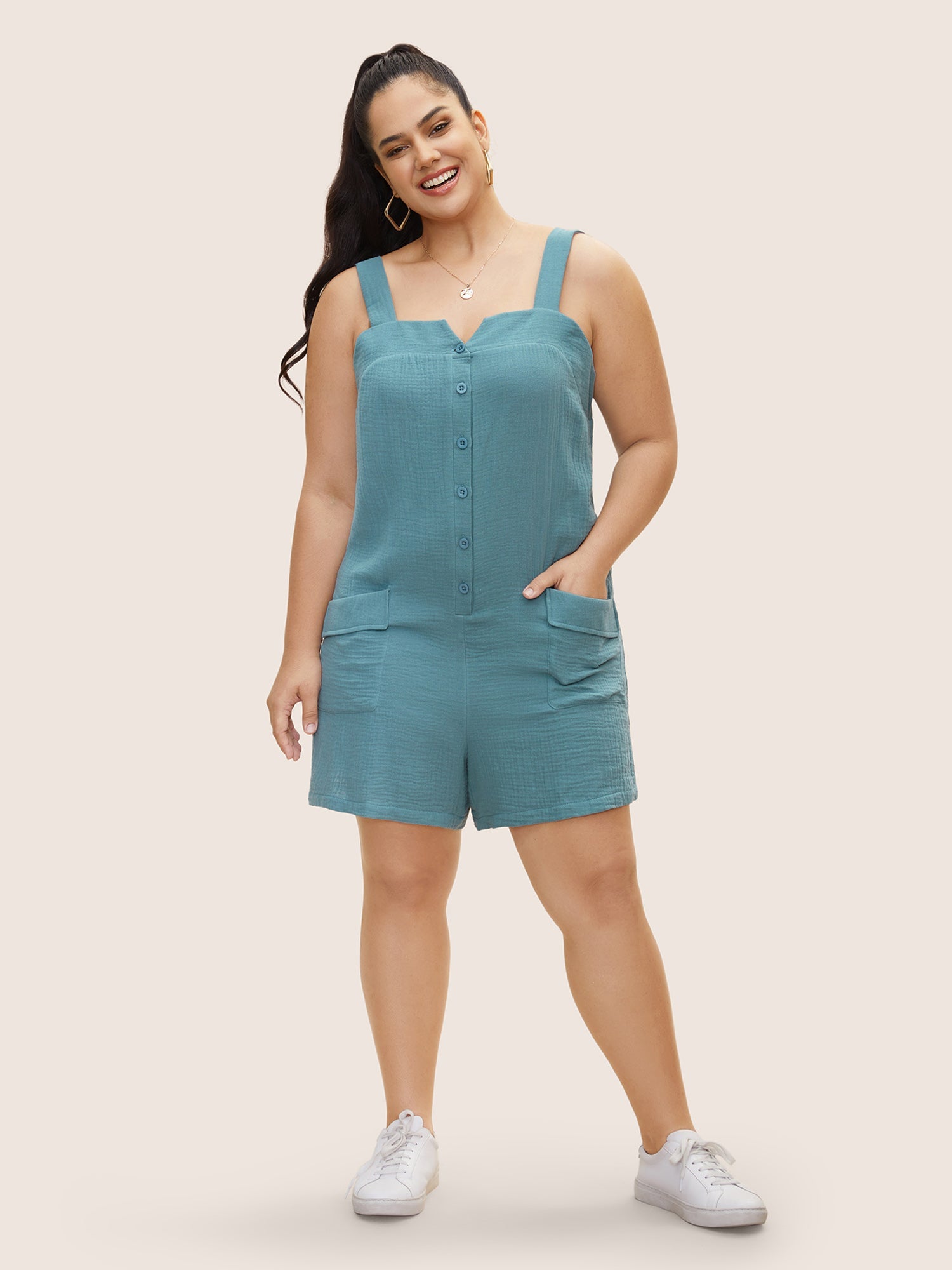 Notched Collar Textured Patch Pocket Jumpsuit