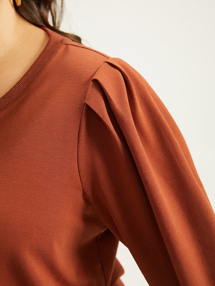 Solid Pleated Detail Elastic Cuffs Sweatshirt