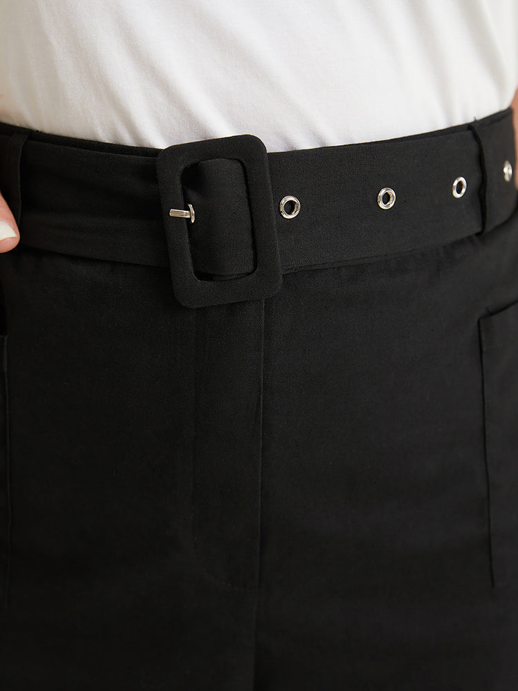 Solid Pocket Eyelet Detail Buckle Belted Pants