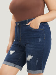 Slightly Stretchy High Rise Dark Wash Distressed Denim Shorts