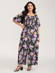 Floral Print Bust-Ease Shirred Jumpsuit