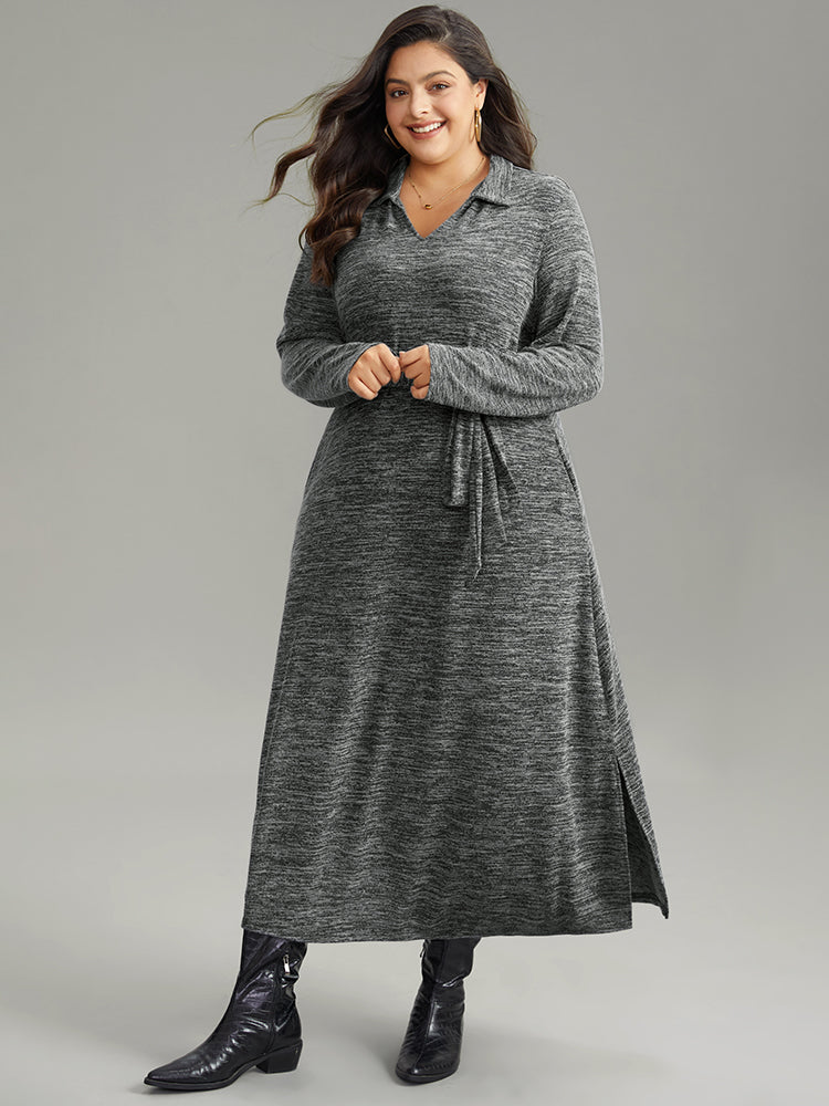 Solid Pocket Elastic Waist Ties Split Hem Dress